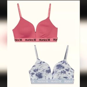 : Sz 34C Hurley Women 2 Piece Tie Dye Lightly Padded Bra Blue and Dark rose Pink